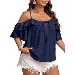 imageSOLY HUX Womens Plus Size Cold Shoulder Blouse Ruffle Trim Tie Front Shirts Casual Swiss Dots TopsDark Blue