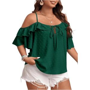 imageSOLY HUX Womens Plus Size Cold Shoulder Blouse Ruffle Trim Tie Front Shirts Casual Swiss Dots TopsDark Green