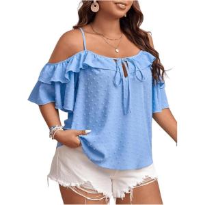imageSOLY HUX Womens Plus Size Cold Shoulder Blouse Ruffle Trim Tie Front Shirts Casual Swiss Dots TopsLight Blue