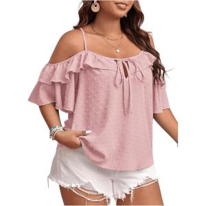imageSOLY HUX Womens Plus Size Cold Shoulder Blouse Ruffle Trim Tie Front Shirts Casual Swiss Dots TopsPlain Pink
