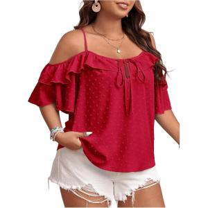 imageSOLY HUX Womens Plus Size Cold Shoulder Blouse Ruffle Trim Tie Front Shirts Casual Swiss Dots TopsPlain Red