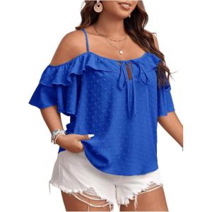 imageSOLY HUX Womens Plus Size Cold Shoulder Blouse Ruffle Trim Tie Front Shirts Casual Swiss Dots TopsRoyal Blue