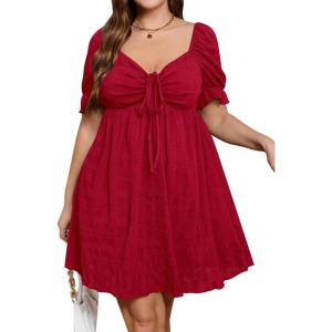 imageSOLY HUX Womens Plus Size Dresses Summer Sexy Sundresses Sweetheart Neckline Puff Short Sleeve A Line Midi DressRose Red