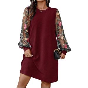 imageSOLY HUX Womens Plus Size Floral Mesh Long Sleeve Dress Crewneck Elegant Office Tee Shirt DressesBurgundy Floral