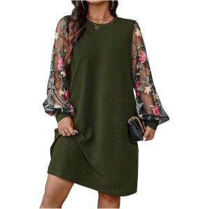 imageSOLY HUX Womens Plus Size Floral Mesh Long Sleeve Dress Crewneck Elegant Office Tee Shirt DressesGreen Floral