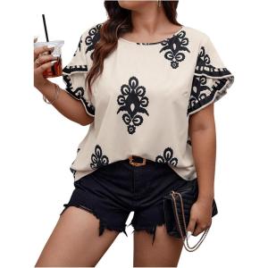 imageSOLY HUX Womens Plus Size Graphic Print Blouse Ruffle Petal Short Sleeve Crew Neck Casual TopsMulticoloured Printed