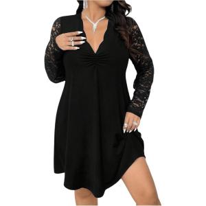 imageSOLY HUX Womens Plus Size Lace Long Sleeve Dress V Neck Ruched Ruffle Elegant Cocktail Flowy DressesBlack