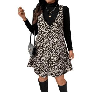 imageSOLY HUX Womens Plus Size Leopard Print V Neck Short Dress Sleeveless Overall Flowy Fall DressesBeige Leopard