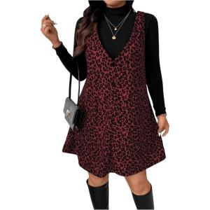 imageSOLY HUX Womens Plus Size Leopard Print V Neck Short Dress Sleeveless Overall Flowy Fall DressesBurgundy Leopard