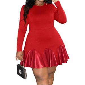 imageSOLY HUX Womens Plus Size Long Sleeve Ruffle Mini Dress PU Leather Cocktail Party DressesPure Red