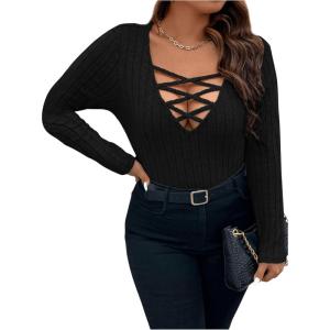 imageSOLY HUX Womens Plus Size Long Sleeve Shirt Deep V Neck Criss Cross Tops Ribbed Slim Fit Tee ShirtsPure Black