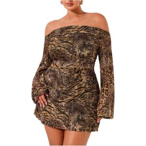 imageSOLY HUX Womens Plus Size Off The Shoulder Tie Dye Mini Dress Flared Long Sleeve Bodycon Party DressBrown Leopard