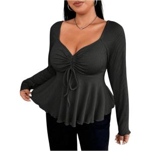 imageSOLY HUX Womens Plus Size Peplum Tops Long Sleeve T Shirts Casual Sexy Ruched Sweetheart Neck Ruffle Hem TeesSolid Black
