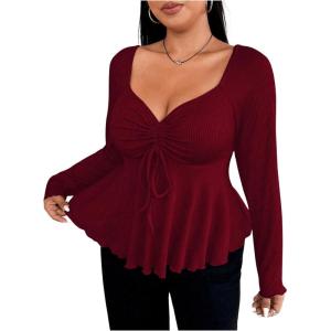 imageSOLY HUX Womens Plus Size Peplum Tops Long Sleeve T Shirts Casual Sexy Ruched Sweetheart Neck Ruffle Hem TeesSolid Burgundy