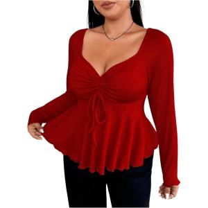 imageSOLY HUX Womens Plus Size Peplum Tops Long Sleeve T Shirts Casual Sexy Ruched Sweetheart Neck Ruffle Hem TeesSolid Red