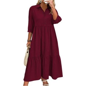 imageSOLY HUX Womens Plus Size Shirt Dress Half Button Collar 34 Sleeve Ruffle Hem Loose Long DressesPure Burgundy