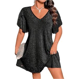 imageSOLY HUX Womens Plus Size Sparkly Sequin Dress V Neck Petal Short Sleeve Loose Party Short DressesPure Black