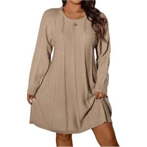 imageSOLY HUX Womens Plus Size Sweater Dress Crew Neck Raglan Long Sleeve Cable Knit Dressy Casual DressesPure Apricot