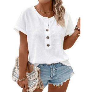 imageSOLY HUX Womens Plus Size T Shirts Short Sleeve Round Neck Button Front Casual Tee TopsPlain White