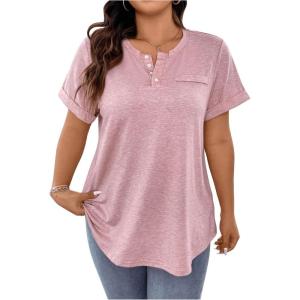 imageSOLY HUX Womens Plus Size T Shirts Short Sleeve Round Neck Half Button Tee TopsPlain Pink