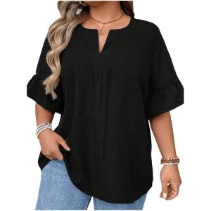 imageSOLY HUX Womens Plus Size Tops Notched Neck Ruffle Half Sleeve Summer BlousePlain Black