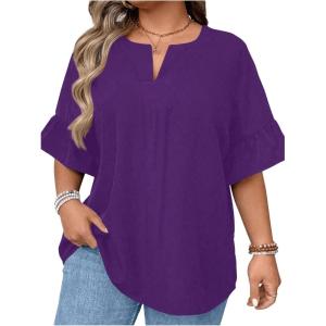 imageSOLY HUX Womens Plus Size Tops Notched Neck Ruffle Half Sleeve Summer BlousePlain Purple