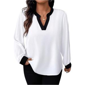 imageSOLY HUX Womens Plus Size Tops Notched V Neck Long Sleeve Color Block Casual Work BlouseBlack and White