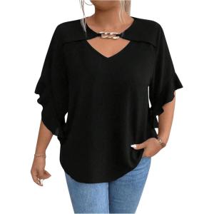 imageSOLY HUX Womens Plus Size Tops Ruffle Short Sleeve Chain Cut Out Casual Solid BlousePure Black