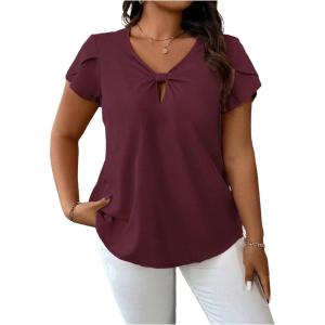 imageSOLY HUX Womens Plus Size Tops Twist Front V Neck Cut Out Petal Short Sleeve BlouseSolid Burgundy