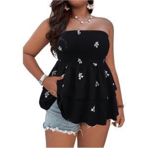 imageSOLY HUX Womens Plus Size Tube Tops Floral Print Shirred Strapless Sleeveless Peplum Ruffle TopBlack Floral