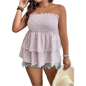 imageSOLY HUX Womens Plus Size Tube Tops Floral Print Shirred Strapless Sleeveless Peplum Ruffle TopMulticoloured Floral