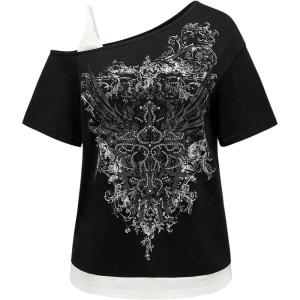 imageSOLY HUX Womens Plus Size Y2k Tops Gothic Graphic Tees Trendy Short Sleeve Asymmetrical Neck T ShirtsBlack and White