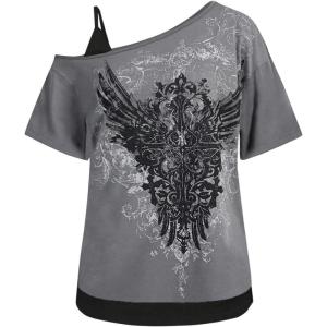 imageSOLY HUX Womens Plus Size Y2k Tops Gothic Graphic Tees Trendy Short Sleeve Asymmetrical Neck T ShirtsDark Grey