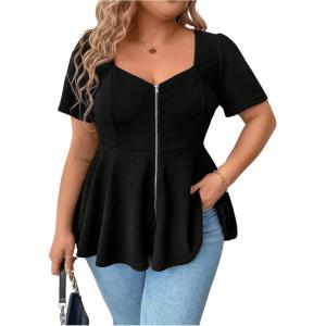 imageSOLY HUX Womens Plus Size Zip Up Shirts Sweetheart Neck Short Sleeve Ruffle Tops Casual Flowy BlousePlain Black