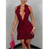 imageSOLY HUX Womens 3D Floral Ruffle Mesh Halter Dress Sleeveless Tie Backless Ruched Bodycon Mini DressesSolid Burgundy