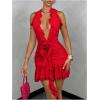 imageSOLY HUX Womens 3D Floral Ruffle Mesh Halter Dress Sleeveless Tie Backless Ruched Bodycon Mini DressesSolid Red