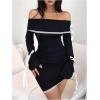 imageSOLY HUX Womens Bodycon Mini Dress Off The Shoulder Lace Trim Bow Long Sleeve Ruched Y2k DressesPure Black