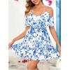 imageSOLY HUX Womens Boho Floral Print Cold Shoulder Dress Short Sleeve Ruffle A Line Vacation Elegant Mini DressesBlue Floral