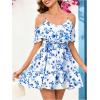 imageSOLY HUX Womens Boho Floral Print Cold Shoulder Dress Short Sleeve Ruffle A Line Vacation Elegant Mini DressesBlue Floral