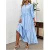 imageSOLY HUX Womens Half Button Collar 34 Sleeve Shirt Dress Ruffle Hem Casual Loose Long DressesPure Blue