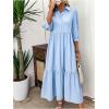 imageSOLY HUX Womens Half Button Collar 34 Sleeve Shirt Dress Ruffle Hem Casual Loose Long DressesPure Blue