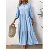 imageSOLY HUX Womens Half Button Collar 34 Sleeve Shirt Dress Ruffle Hem Casual Loose Long DressesPure Blue