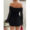 imageSOLY HUX Womens Ruched Mesh Off Shoulder Bodycon Mini Dress Bell Long Sleeve Club Party DressesPure Black