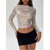 imageSOLY HUX Womens Ruched Metallic Long Sleeve T Shirts Glitter Party Crop TopsSilver