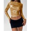 imageSOLY HUX Womens Ruched Metallic Long Sleeve T Shirts Glitter Party Crop TopsSolid Gold