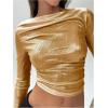 imageSOLY HUX Womens Ruched Metallic Long Sleeve T Shirts Glitter Party Crop TopsSolid Gold