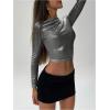 imageSOLY HUX Womens Ruched Metallic Long Sleeve T Shirts Glitter Party Crop TopsSolid Grey