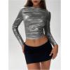 imageSOLY HUX Womens Ruched Metallic Long Sleeve T Shirts Glitter Party Crop TopsSolid Grey