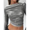 imageSOLY HUX Womens Ruched Metallic Long Sleeve T Shirts Glitter Party Crop TopsSolid Grey