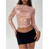 imageSOLY HUX Womens Ruched Metallic Long Sleeve T Shirts Glitter Party Crop TopsSolid Pink